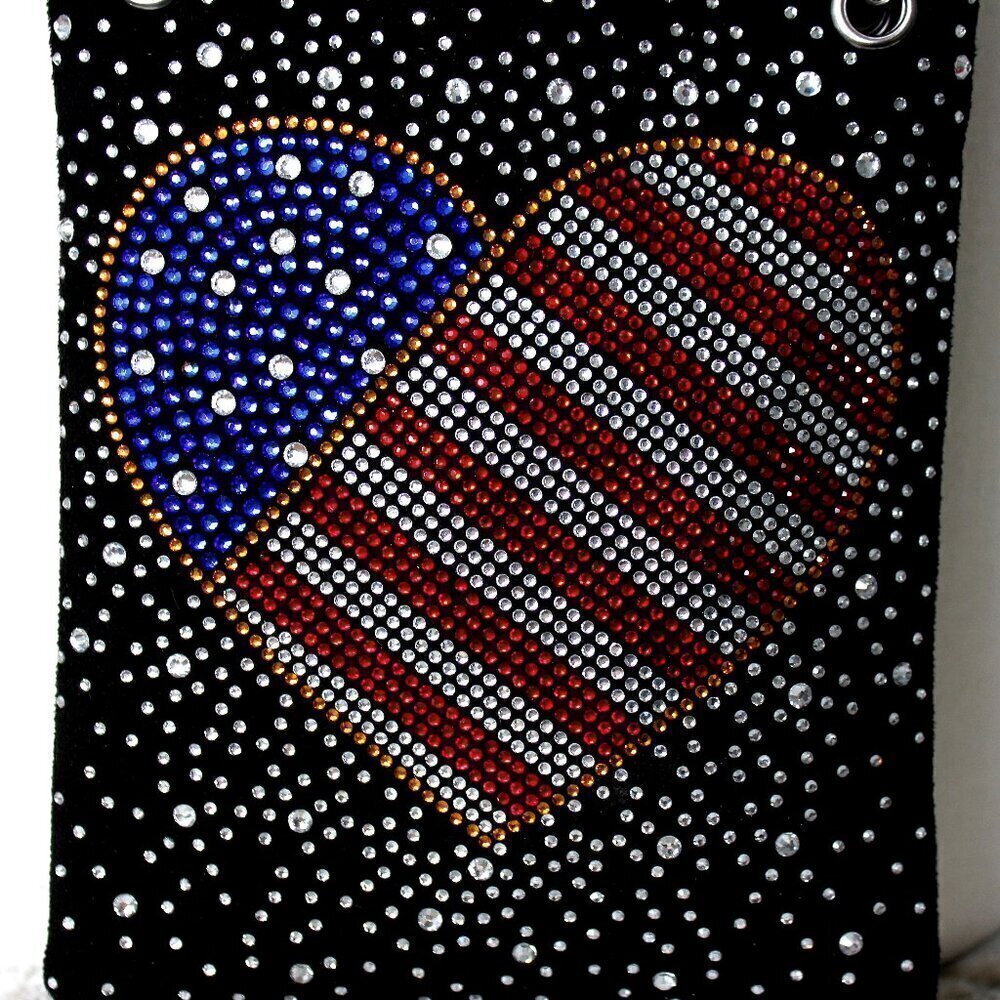 Patriotic Red White Blue Rhinestone Bling Black Hobo Crossbody Mini Phone Bag - Picture 10 of 14